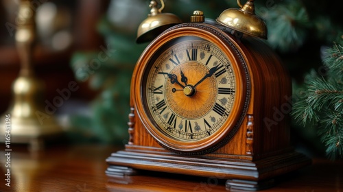 Vintage Wooden Alarm Clock with Brass Bells and Roman Numerals Set Against a Greenery Background in Soft Focus, Perfect for Nostalgic Decor or Timeless Aesthetic