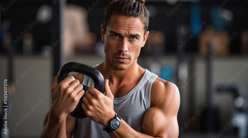 Muscular man leaning on a kettlebell in a gym Muscular man leaning on a kettlebell in a gym