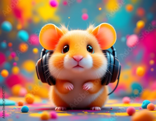 Adorable Hamster in Headphones: Vibrant Pop Art photo