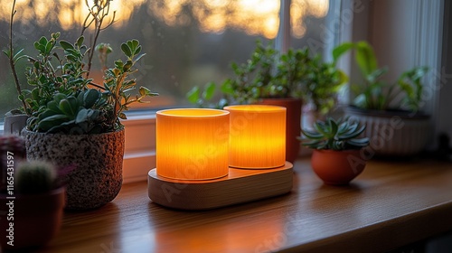 Warm Candlelight Glows in Cozy Interior with Potted Plants Next to Window at Sunset, Inviting Serenity and Comfort for Home Decor Enthusiasts
