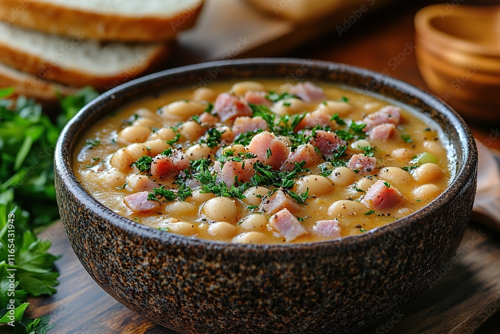 Warm and hearty ham and bean soup prepared in a slow cooker, featuring tender ham, white beans, and savory broth served in a rustic bowl with fresh herbs.