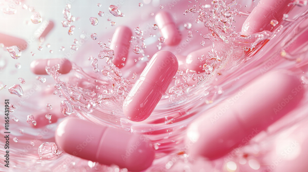 Obraz premium Pink capsules splashing in water, promoting freshness and health