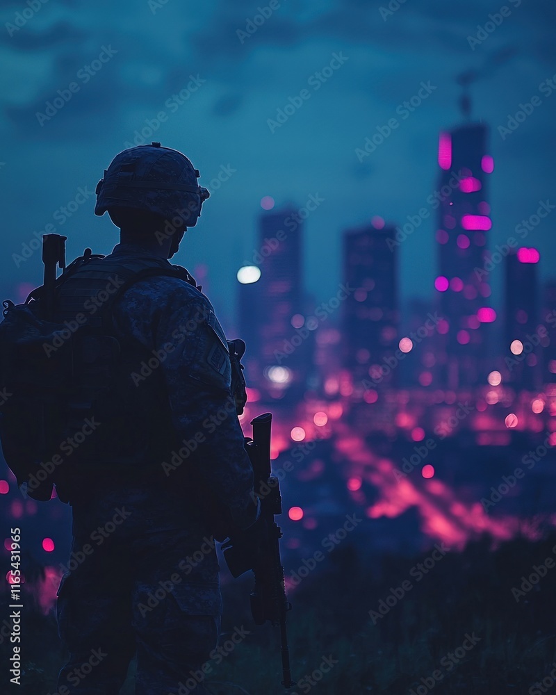 Fototapeta premium Silhouetted soldier overlooking a vibrant, futuristic cityscape at night.