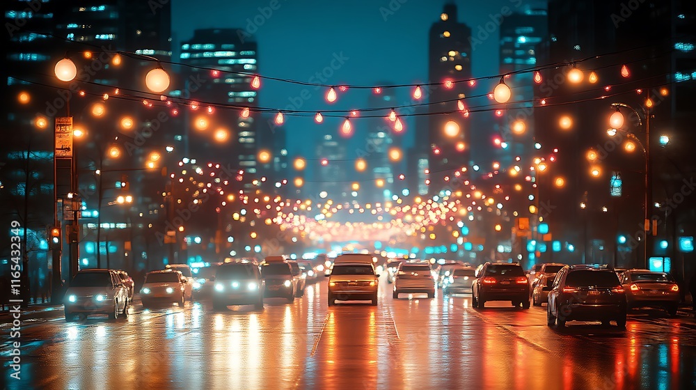 Obraz premium City Night Street Lights Reflecting On Wet Roadway