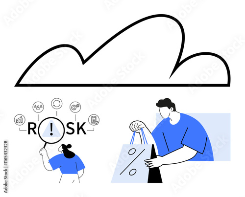 Magnifying glass highlighting risk factors, cloud outline, person holding shopping bags with percentage sign. Ideal for technology, risk management, cloud computing, retail, analysis, e-commerce