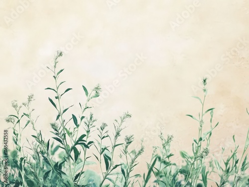 A soft, faded background featuring delicate green plants against a light, textured backdrop.