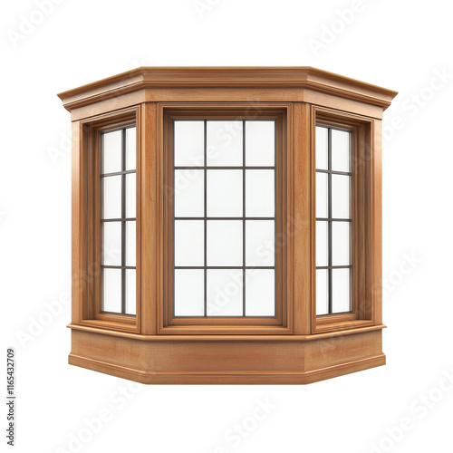 Elegant wooden bay window design with multiple panes and a warm finish, ideal for enhancing natural light and providing a cozy atmosphere in any home or interior setting.