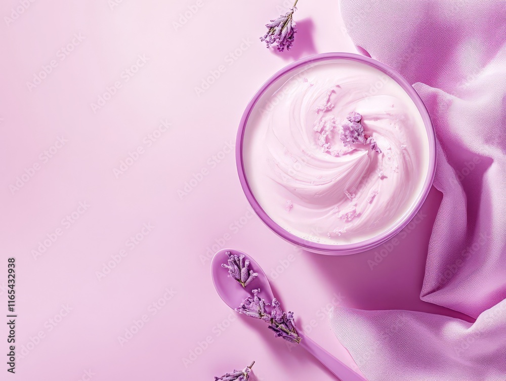 A pink dessert in a bowl, surrounded by lavender flowers and fabric, creating a serene aesthetic. A pink dessert in a bowl, surrounded by lavender flowers and fabric, creating a serene aesthetic.