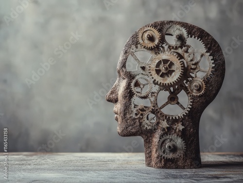 A sculptural representation of a human head filled with gears, symbolizing mechanical thought. photo