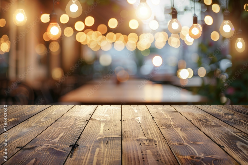 Empty wooden table in a blurred background of a cozy restaurant with warm lighting.