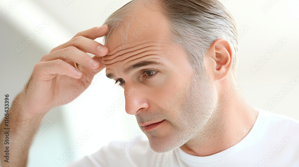 Naklejka premium Person examining thinning hair in mirror, reflecting on aging and self-care. Embracing natural changes and prioritizing health and well-being.