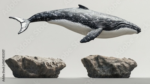 A model of a whale swimming between two rocks. photo