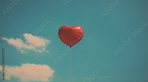A Single Red Heart Balloon Floating in a Clear Blue Sky with Soft White Clouds, Symbolizing Love and Freedom in a Bright and Cheerful Atmosphere
