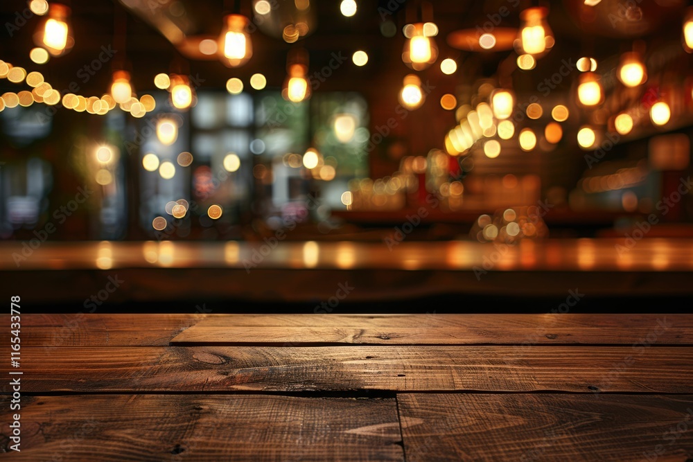 image of wooden table in front of abstract blurred background of resturant lights image of wooden table in front of abstract blurred background of resturant lights