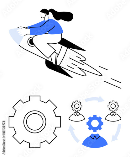Woman riding rocket symbolizes ambition and growth. Accompanying gear and teamwork icons illustrate process, collaboration, and strategy. Ideal for innovation, teamwork, leadership, progress