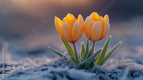 Orange tulips emerging through snow, winter to spring transition concept