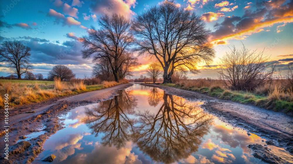 Naklejka premium Tree reflections in puddle at sunset