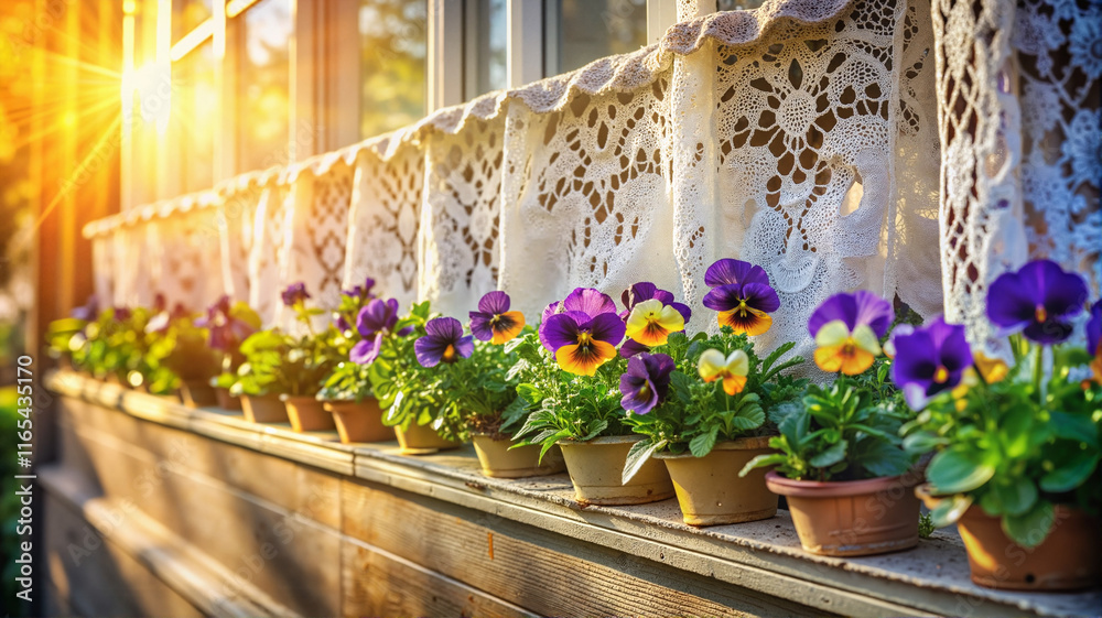 Fototapeta premium Potted flowers on balcony in morning sunlight