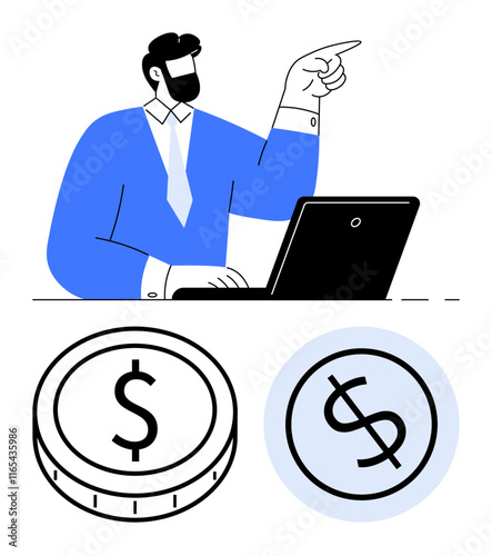 Professional man gesturing while working on laptop, accompanied by dollar coin and currency signs. Ideal for finance, banking, investment, business, analysis, decision-making, abstract line flat