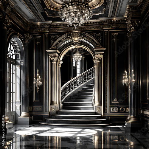 Glistening Regal Staircase in a Luxurious Black and Gold Interior Design Setting