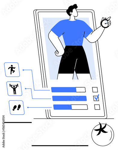 Man interacting with a mobile fitness app interface, tracking exercise stats. Ideal for health, wellness, apps, activity tracking, mobile design, progress, abstract line flat metaphor