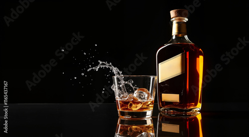 Whiskey splash. A glass of whiskey with ice and a bottle on a black background.