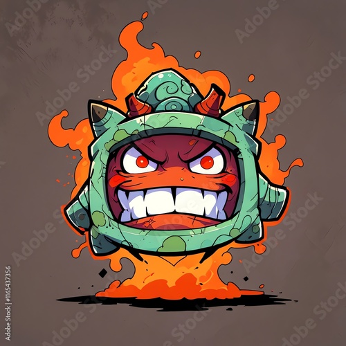 Fiery Oni in a Green Helmet: Digital Illustration photo