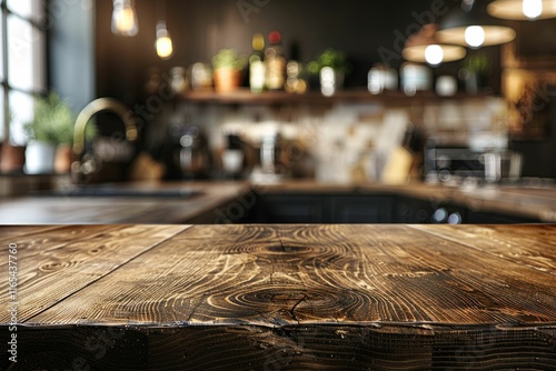 Selective focus on wood table top for product display.