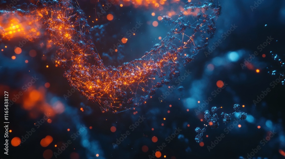 Abstract swirling network of particles with fiery orange and cool blue colors. Abstract swirling network of particles with fiery orange and cool blue colors.