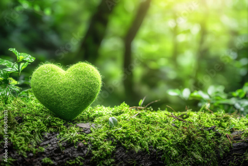 glowing green heart on moss symbolizes sustainability and nature