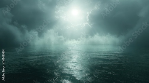 Eerie moonlit ocean scene with dark clouds.