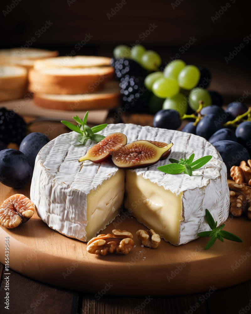 A mouthwatering creamy Camembert cheese, served with fresh figs, grapes, and walnuts. A mouthwatering creamy Camembert cheese, served with fresh figs, grapes, and walnuts.
