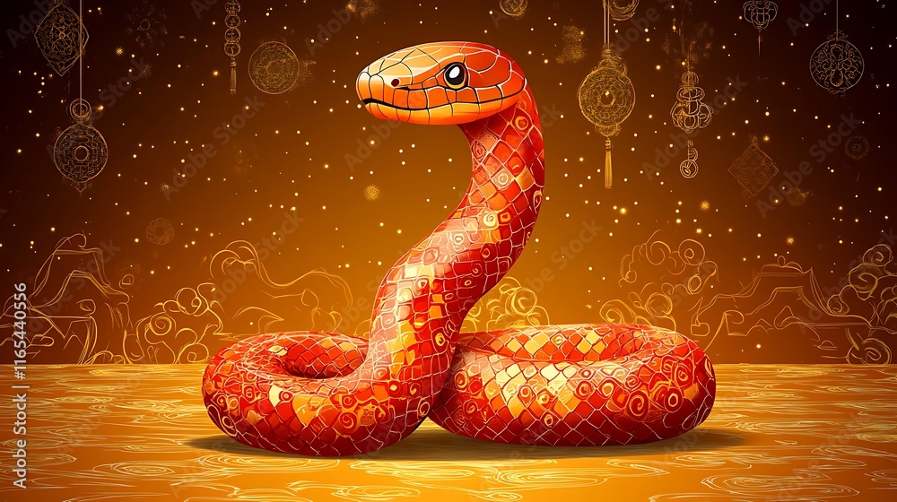 Obraz premium Ornate red snake on gold background.