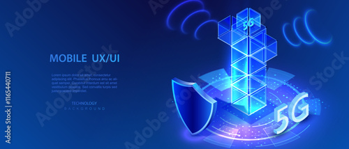 5G protect internet network. Communication hotspot tower transmitter and wireless signal hi-speed isometric background. 5G and shield 3d symbol with light speed. Vector illustration.
