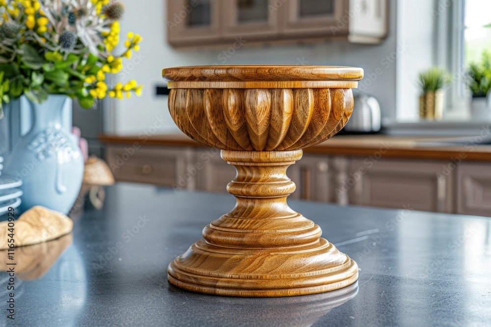 Ornate wooden bowl, beautifully carved with a pedestal base, sits on a dark countertop. Ornate wooden bowl, beautifully carved with a pedestal base, sits on a dark countertop.