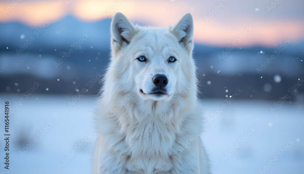 Obraz premium Majestic white wolf gazing in snowy field at dusk, natural beauty
