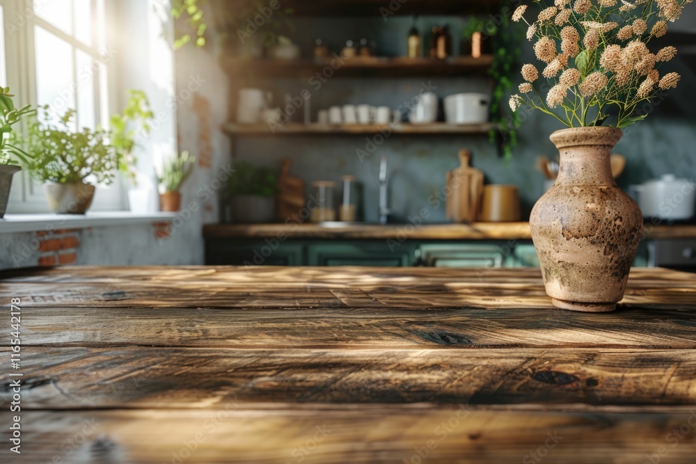 Rustic kitchen table with sunlit wooden surface, plants, and vintage vase. Rustic kitchen table with sunlit wooden surface, plants, and vintage vase.