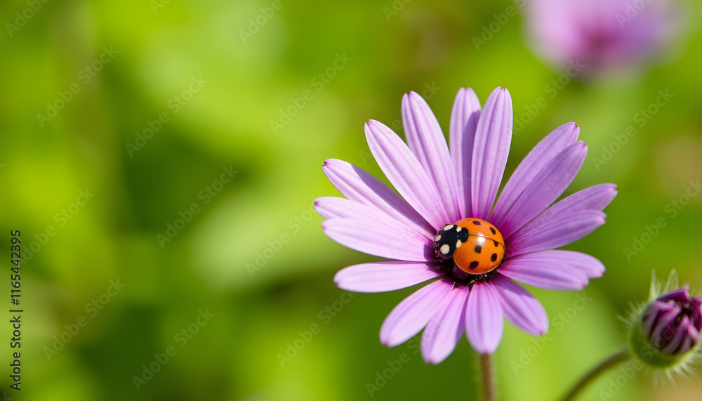 Ladybug resting on purple wildflower petal in sunny garden, nature's beauty Ladybug resting on purple wildflower petal in sunny garden, nature's beauty