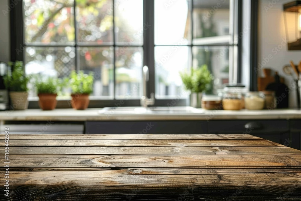 Rustic wooden table in a bright kitchen with a window view, perfect for cooking and dining. Rustic wooden table in a bright kitchen with a window view, perfect for cooking and dining.