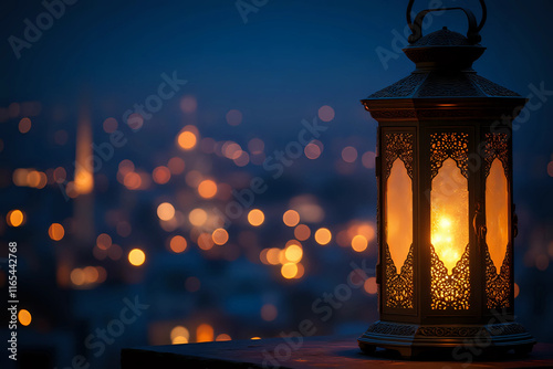 Lantern with night sky and city bokeh light background for the Muslim feast of the holy month of Ramadan Kareem.