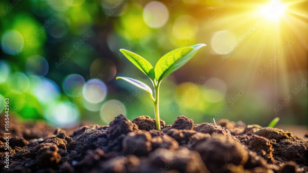 A lone seedling emerges from the rich soil, reaching towards the warm sunlight filtering through a blurred background of vibrant green foliage. A lone seedling emerges from the rich soil, reaching towards the warm sunlight filtering through a blurred background of vibrant green foliage.