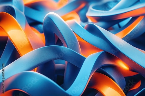 computer-generated abstract geometric 3D render illustration features a mesmerizing combination of blue and orange twisted shapes- creating a captivating and dynamic technology background that exudes