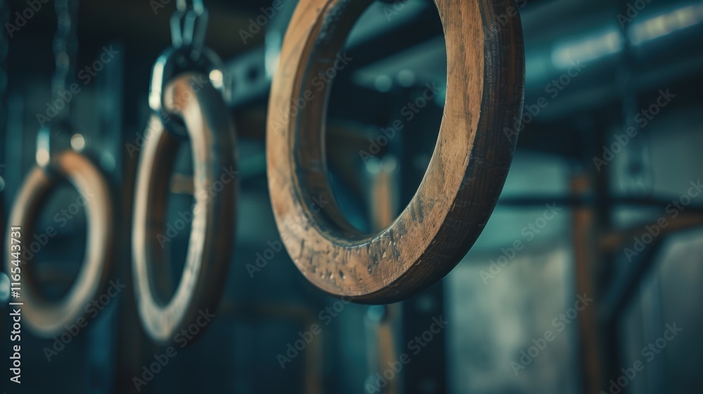 Acrobat rings suspended in an empty gym. Gym equipment hanging for use. Exercise rings neatly arranged in a gym space Acrobat rings suspended in an empty gym. Gym equipment hanging for use. Exercise rings neatly arranged in a gym space