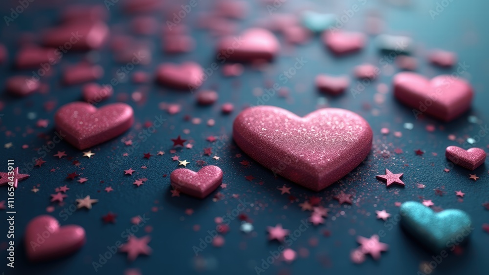 Vibrant close-up of pink, red, and turquoise hearts and stars with velvety textures, glitter details, and painterly dark blue background in soft lighting, 8K resolution, generative, ai Vibrant close-up of pink, red, and turquoise hearts and stars with velvety textures, glitter details, and painterly dark blue background in soft lighting, 8K resolution, generative, ai