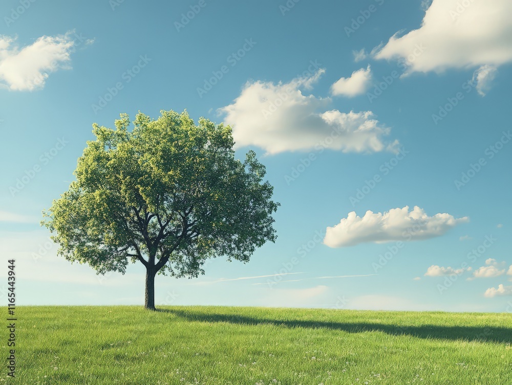 A solitary tree stands on a grassy hill under a bright blue sky with fluffy clouds. A solitary tree stands on a grassy hill under a bright blue sky with fluffy clouds.