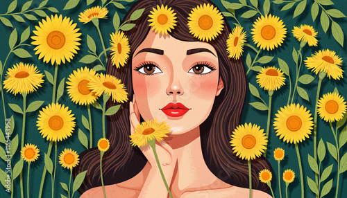 Woman surrounded by sunflowers with a serene expression