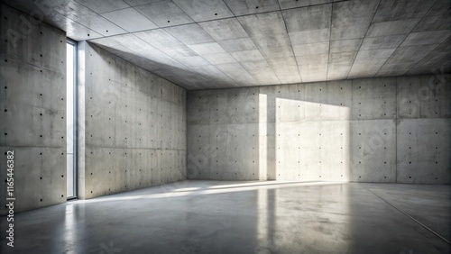 Sunlight streams through a high window in a large, minimalist concrete room, casting long shadows on the floor and walls
