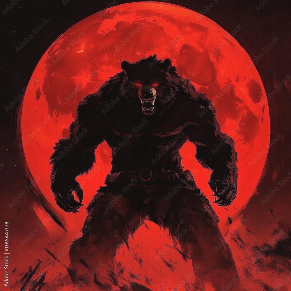 Powerful Werebear Figure with Red Eyes Underneath a Giant Crimson Moon Glowing in Dark Sky Powerful Werebear Figure with Red Eyes Underneath a Giant Crimson Moon Glowing in Dark Sky