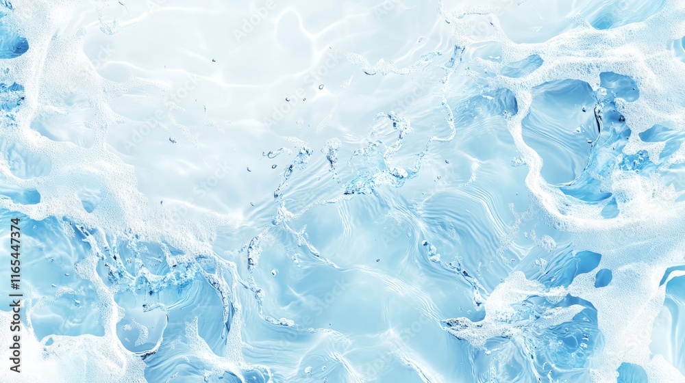 Abstract banner background white light blue clear water surface texture with ripples and splashes. Water waves on a light blue background, top view.