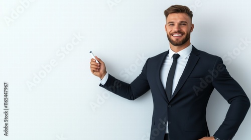 Smiling man pointing to a blank wall with marker in formal suit. Business presentation concept photo